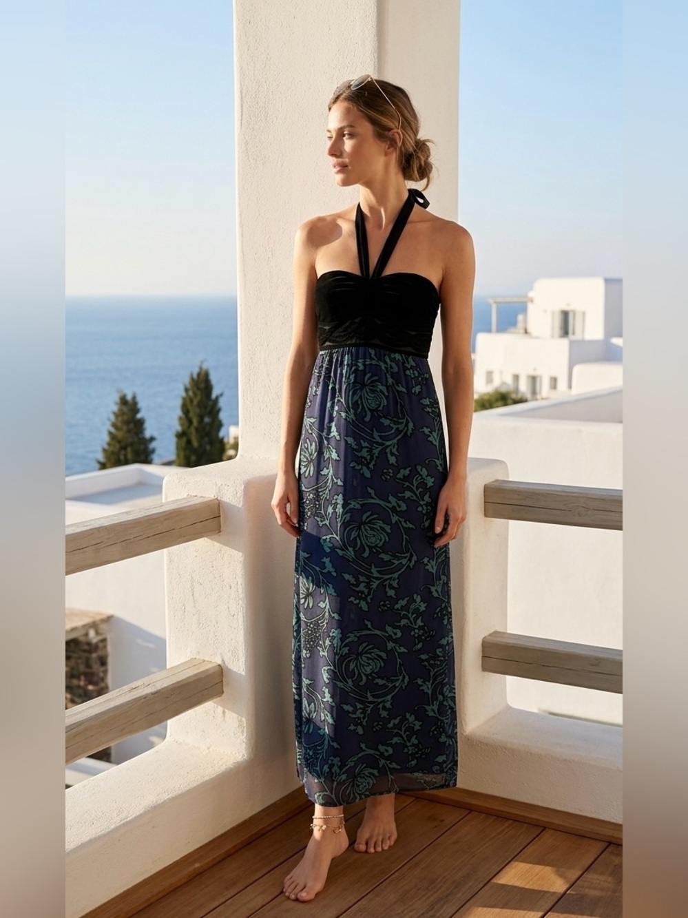 Hale Bob Dress NWT Velvet Bodice Teal Blue Boho Paisley Halter Strapless Size Lg